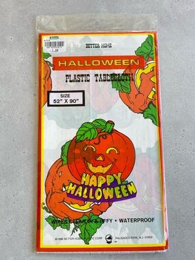 Vintage 90s Better Home Halloween Pumpkin Plastic Tablecloth 52”x90" Rectangle